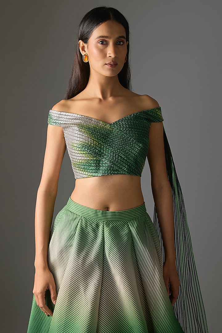 Emerald Green Butterfly Net Ombre Skirt Set by Amit Aggarwal at Pernia's Pop Up Shop