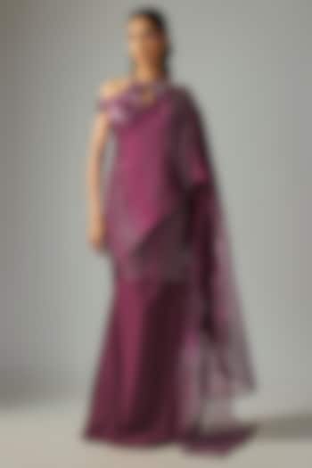 Oxblood Georgette & Butterfly Net Draped Bridal Saree Set by Amit Aggarwal at Pernia's Pop Up Shop