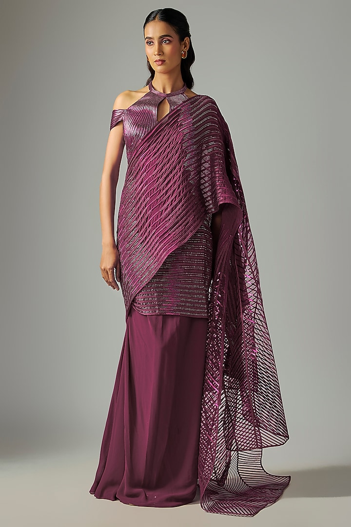 Oxblood Georgette & Butterfly Net Draped Bridal Saree Set by Amit Aggarwal at Pernia's Pop Up Shop