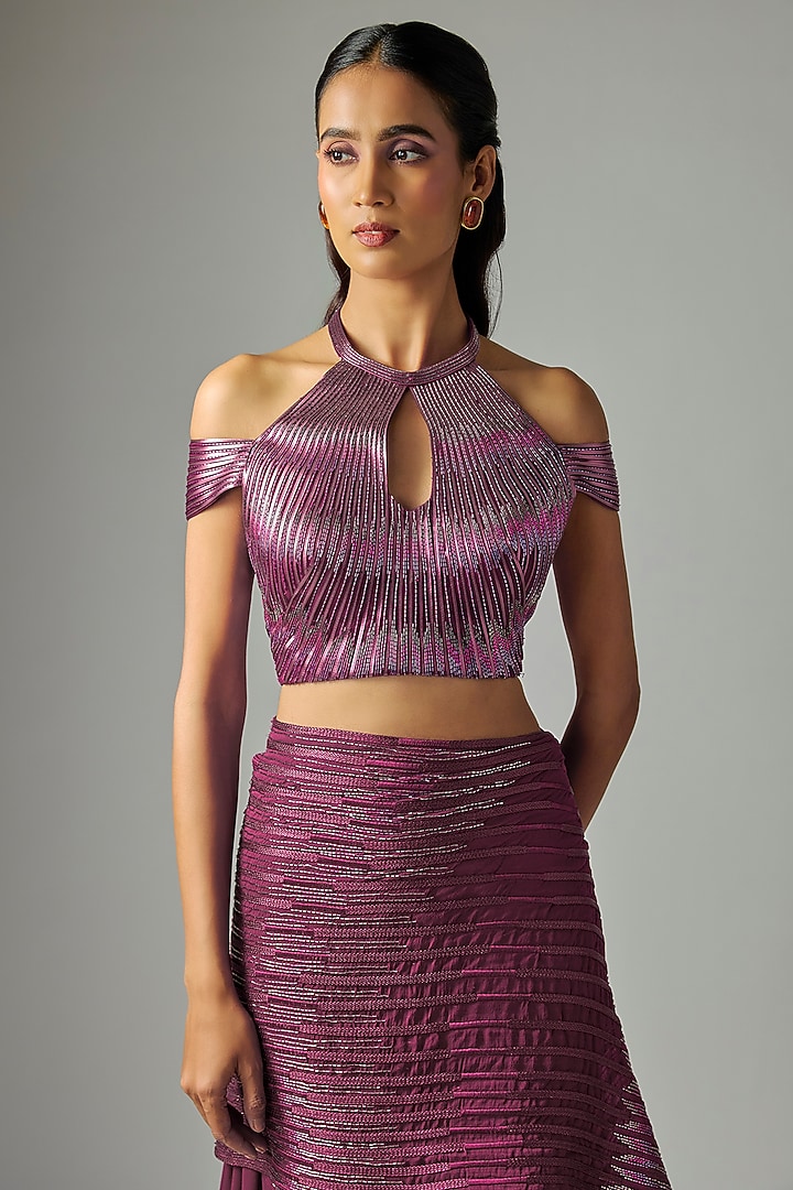 Oxblood Georgette & Butterfly Net Draped Bridal Saree Set by Amit Aggarwal at Pernia's Pop Up Shop