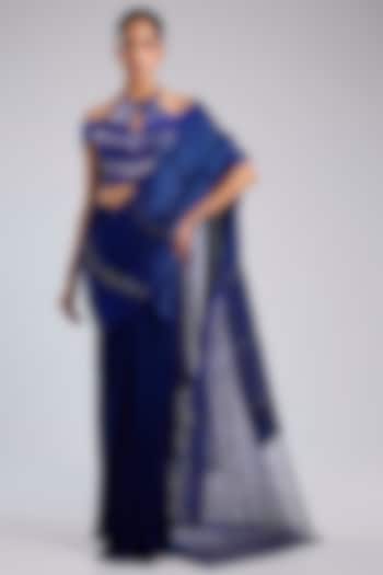 Cosmos Blue Butterfly Net Metallic Draped Bridal Saree Set by Amit Aggarwal at Pernia's Pop Up Shop