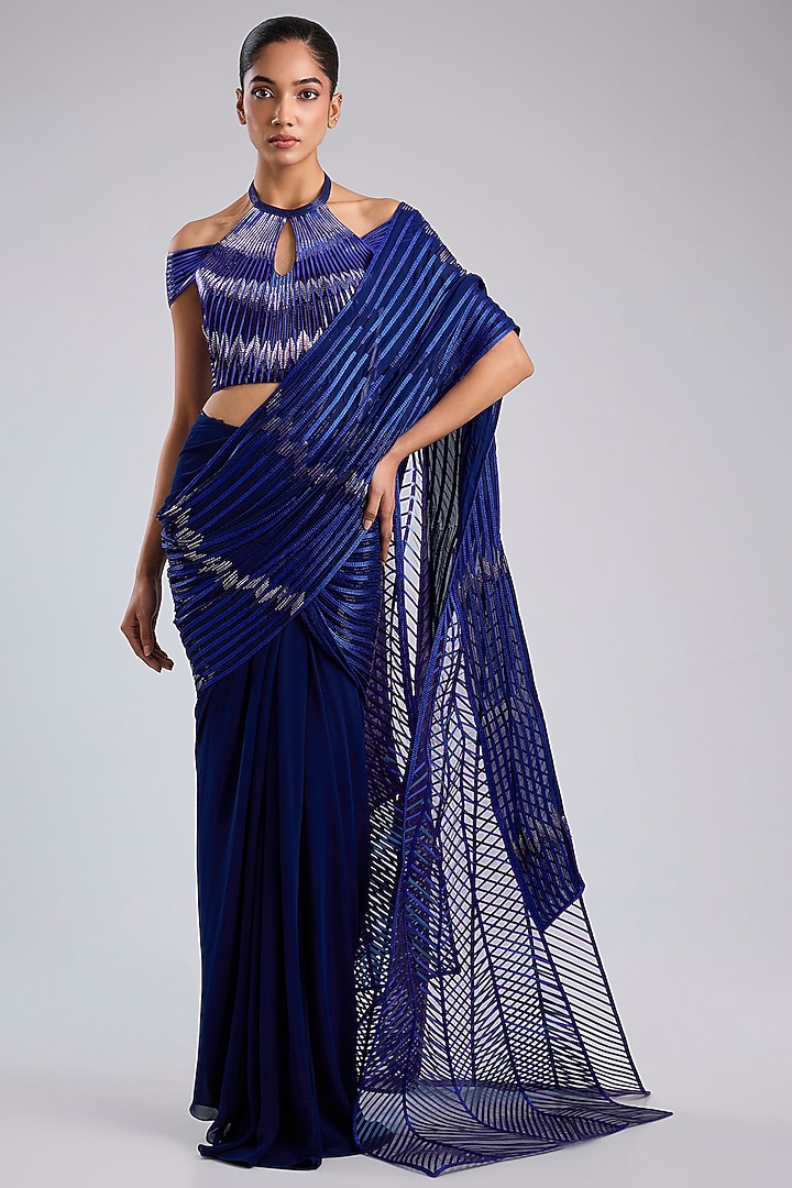 Cosmos Blue Butterfly Net Metallic Draped Bridal Saree Set by Amit Aggarwal at Pernia's Pop Up Shop