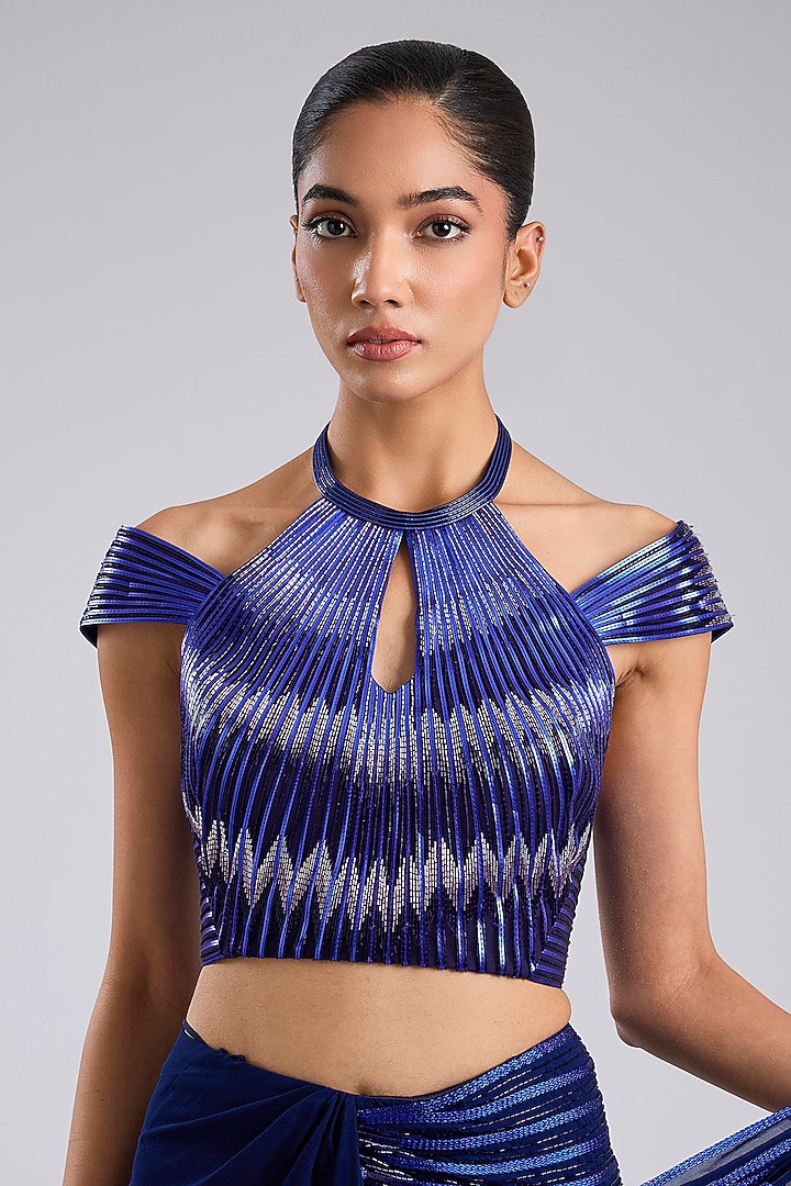 Cosmos Blue Butterfly Net Metallic Draped Bridal Saree Set by Amit Aggarwal at Pernia's Pop Up Shop
