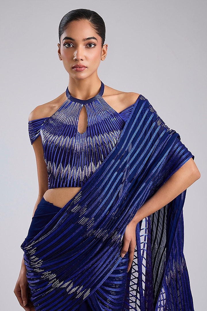 Cosmos Blue Butterfly Net Metallic Draped Bridal Saree Set by Amit Aggarwal at Pernia's Pop Up Shop