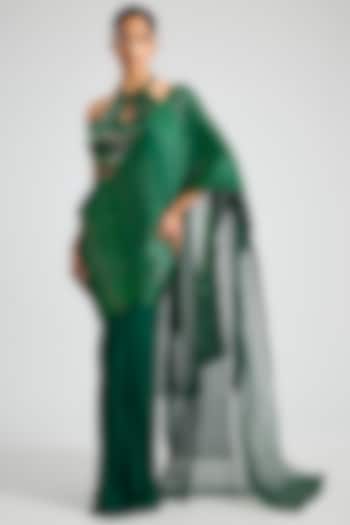 Emerald Georgette Embroidered Draped Bridal Saree Set by Amit Aggarwal at Pernia's Pop Up Shop