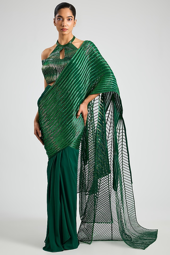 Emerald Georgette Embroidered Draped Bridal Saree Set by Amit Aggarwal at Pernia's Pop Up Shop