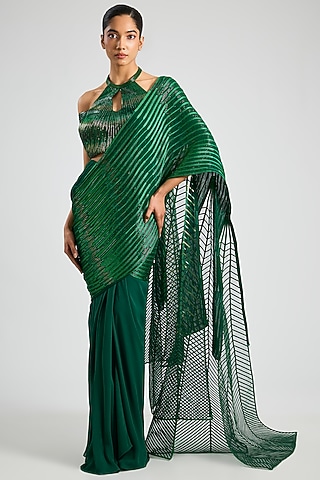 Emerald Georgette Embroidered Draped Saree Set by Amit Aggarwal