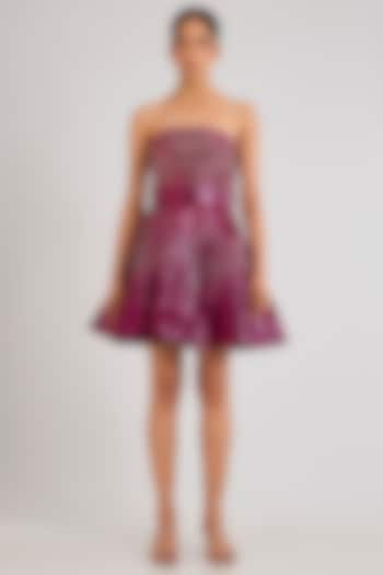 Oxblood Metallic Ombre Organza Off-Shoulder Mini Party Wear Dress by Amit Aggarwal at Pernia's Pop Up Shop