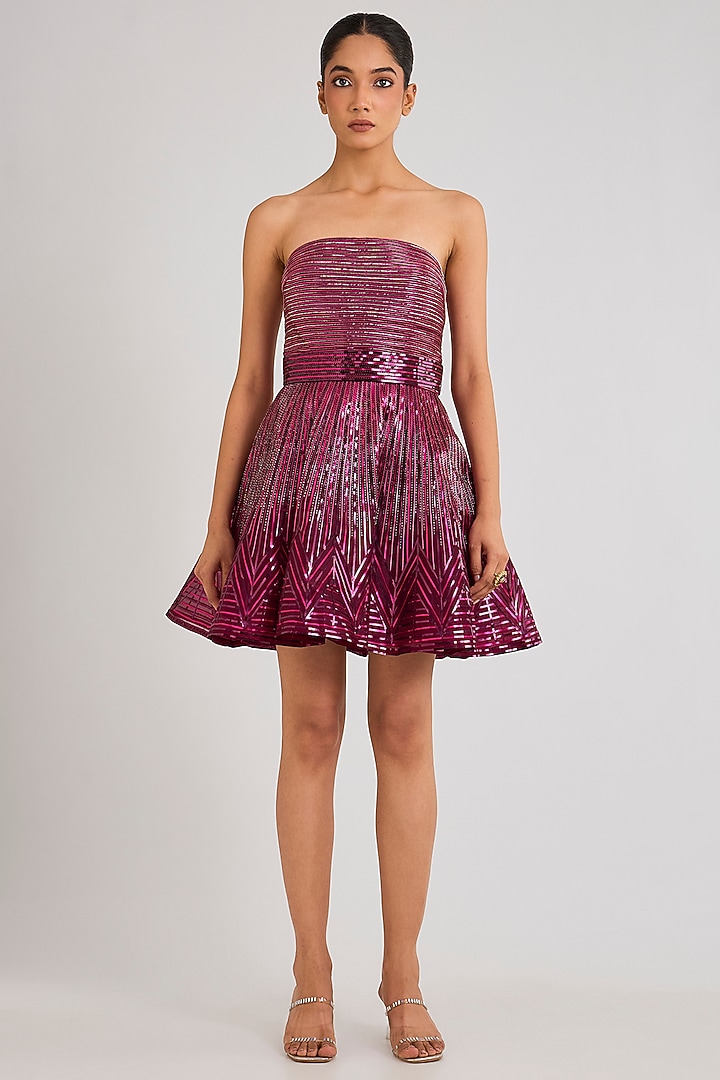 Oxblood Metallic Ombre Organza Off-Shoulder Mini Party Wear Dress by Amit Aggarwal at Pernia's Pop Up Shop