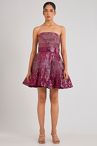 Oxblood Metallic Ombre Organza Off-Shoulder Mini Dress by Amit Aggarwal