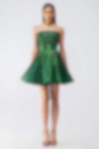 Emerald Metallic Organza Corded Off-Shoulder Mini Party Wear Dress by Amit Aggarwal at Pernia's Pop Up Shop