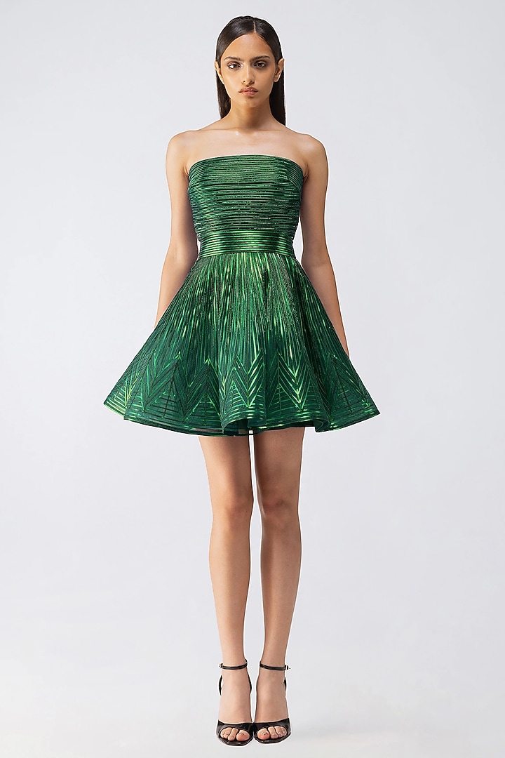 Emerald Metallic Organza Corded Off-Shoulder Mini Party Wear Dress by Amit Aggarwal at Pernia's Pop Up Shop