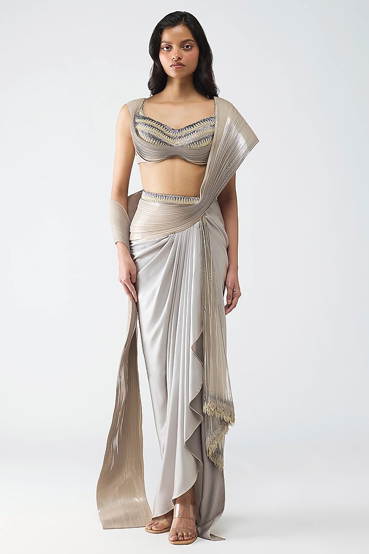 Sand-Colored Satin Chiffon Micro-Pleated Draped Reception Saree Set by Amit Aggarwal at Pernia's Pop Up Shop