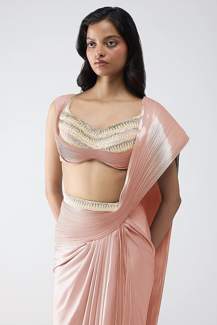 Old Rose Satin Chiffon Micro-Pleated Draped Reception Saree Set by Amit Aggarwal at Pernia's Pop Up Shop