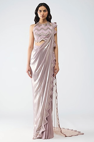 Rose Pink Glazed Chiffon Draped Saree Set by Amit Aggarwal