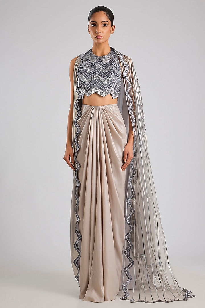 Sand-Colored Glazed Chiffon Skirt Set by Amit Aggarwal at Pernia's Pop Up Shop