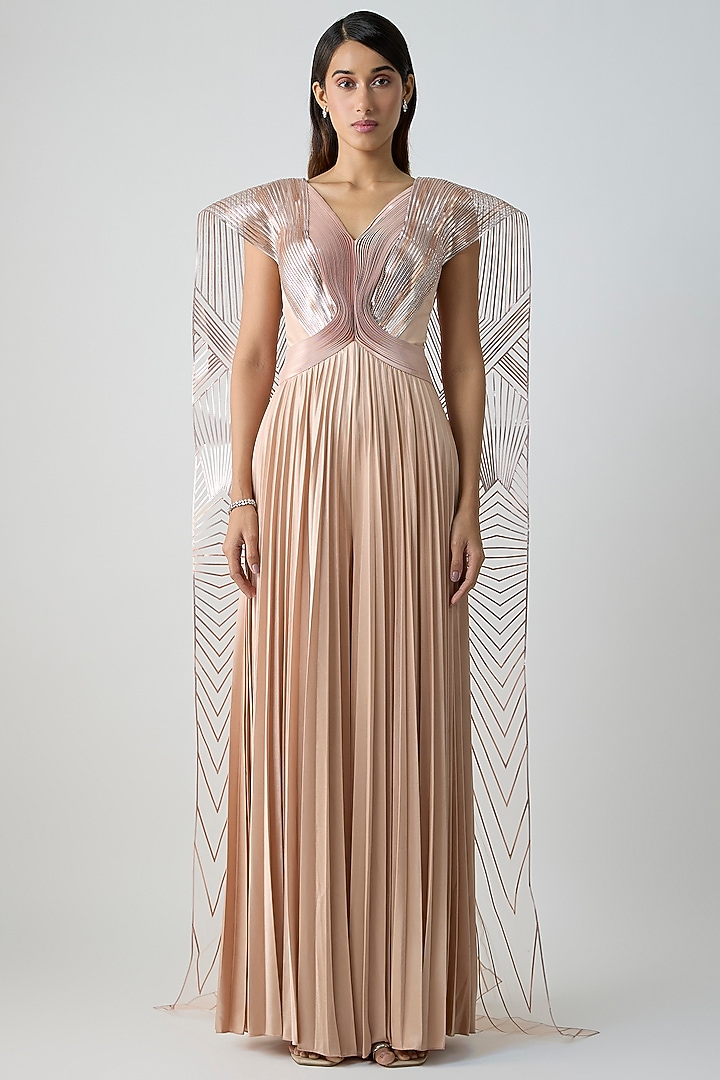 Blush Pink Mineral Jersey Micro-Pleated Jumpsuit by Amit Aggarwal at Pernia's Pop Up Shop