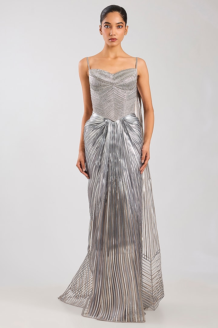 Ice Grey Butterfly Net Skirt Set by Amit Aggarwal at Pernia's Pop Up Shop