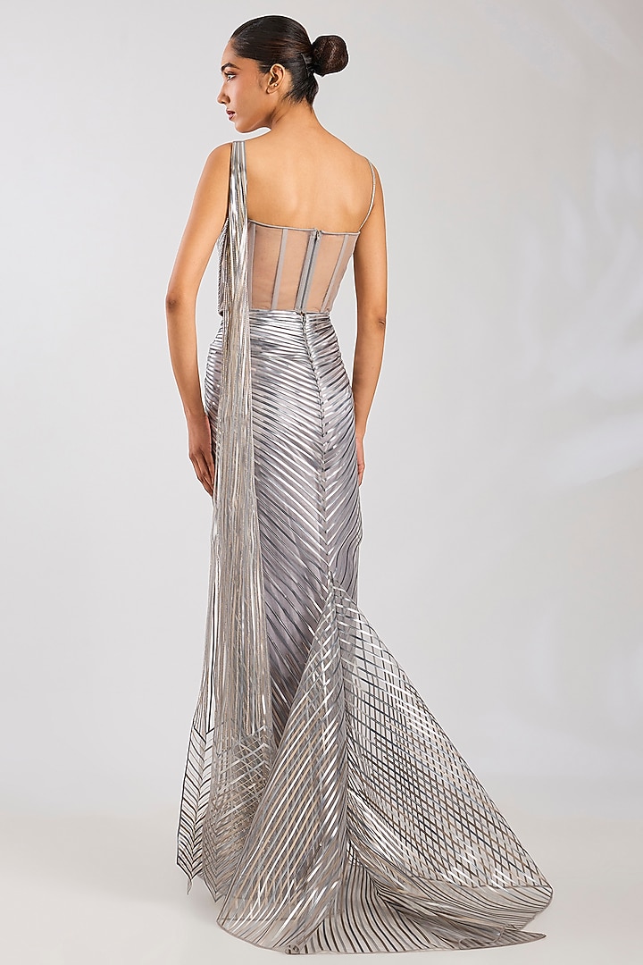 Ice Grey Butterfly Net Skirt Set by Amit Aggarwal at Pernia's Pop Up Shop