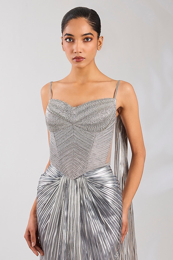 Ice Grey Butterfly Net Skirt Set by Amit Aggarwal at Pernia's Pop Up Shop