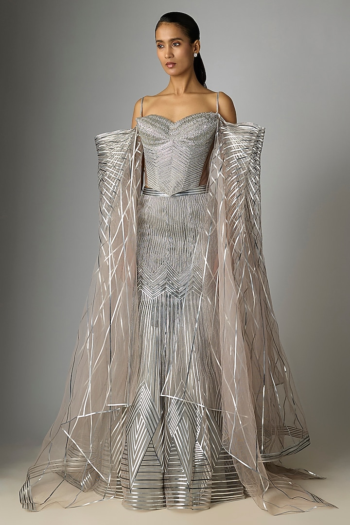 Ice Grey Tulle & Crepe Bridal Lehenga Set by Amit Aggarwal at Pernia's Pop Up Shop