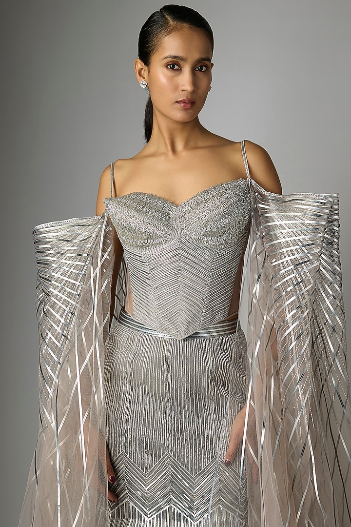Ice Grey Tulle & Crepe Bridal Lehenga Set by Amit Aggarwal at Pernia's Pop Up Shop