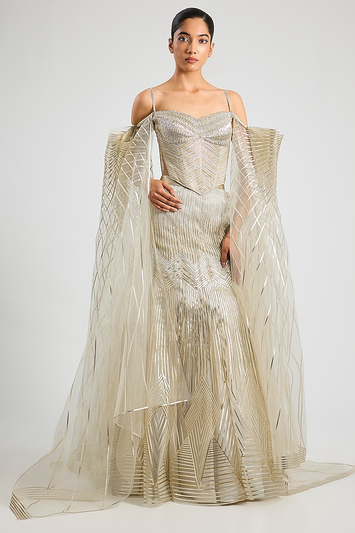 Pearl Gold Tulle Bridal Lehenga Set by Amit Aggarwal at Pernia's Pop Up Shop