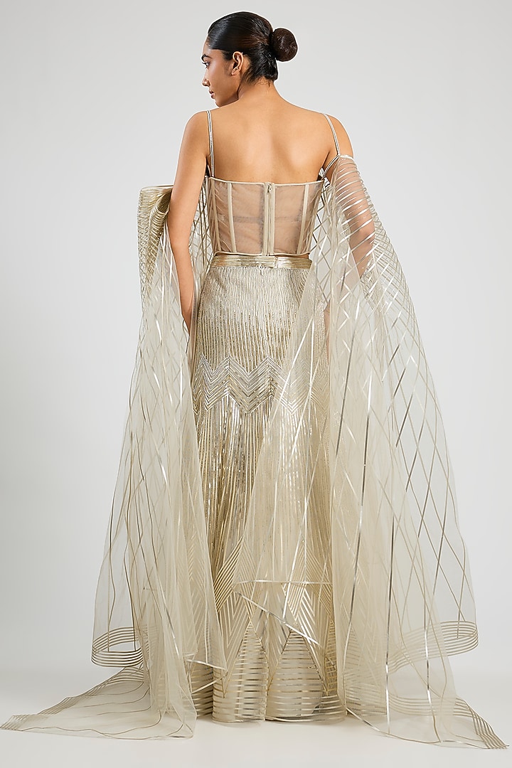 Pearl Gold Tulle Bridal Lehenga Set by Amit Aggarwal at Pernia's Pop Up Shop