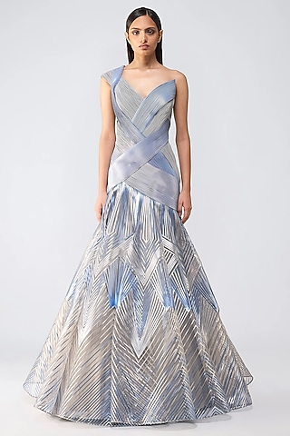 Ice Blue Butterfly Net Off-Shoulder Micro Pleated Gown by Amit Aggarwal