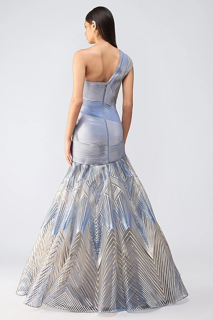 Ice Blue Butterfly Net Off-Shoulder Micro Pleated Bridal Gown by Amit Aggarwal at Pernia's Pop Up Shop