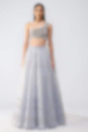 Ice Blue Tulle Crystal Embroidered Flared Bridal Lehenga Set by Amit Aggarwal at Pernia's Pop Up Shop
