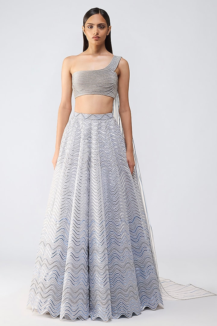 Ice Blue Tulle Crystal Embroidered Flared Bridal Lehenga Set by Amit Aggarwal at Pernia's Pop Up Shop