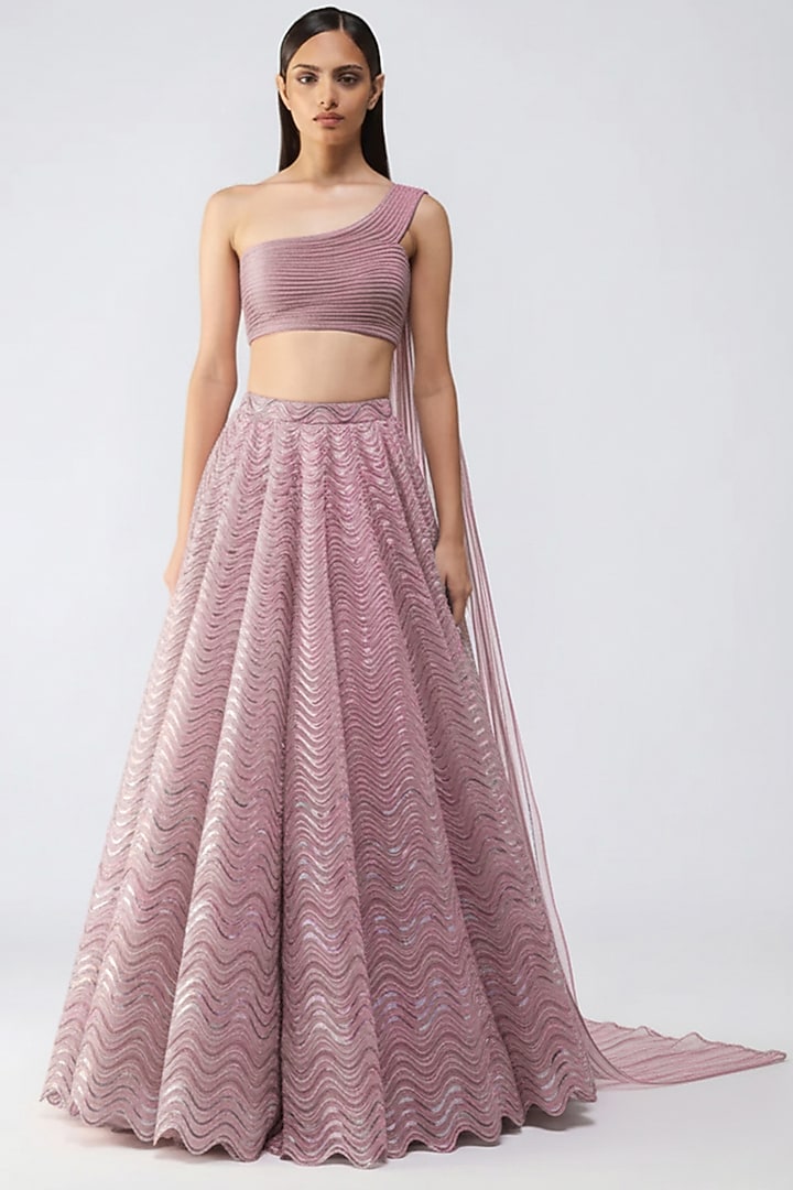 Rose Pink Tulle & Butterfly Net Metallic Skirt Set by Amit Aggarwal at Pernia's Pop Up Shop