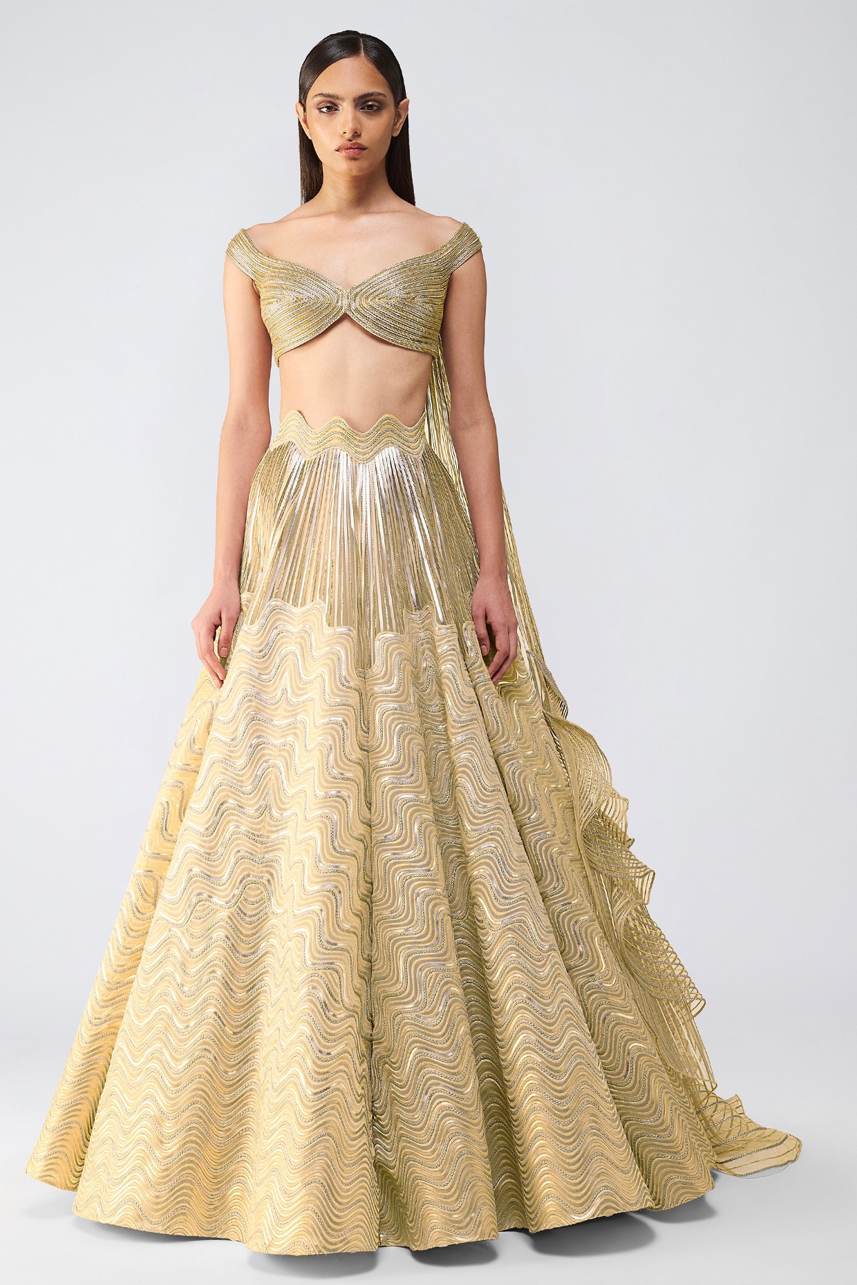 Amit Aggarwal Sand-Colored Tulle Glass Bead Embroidered Lehenga Set