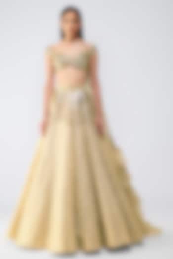 Sand-Colored Tulle Glass Bead Embroidered Bridal Lehenga Set by Amit Aggarwal at Pernia's Pop Up Shop