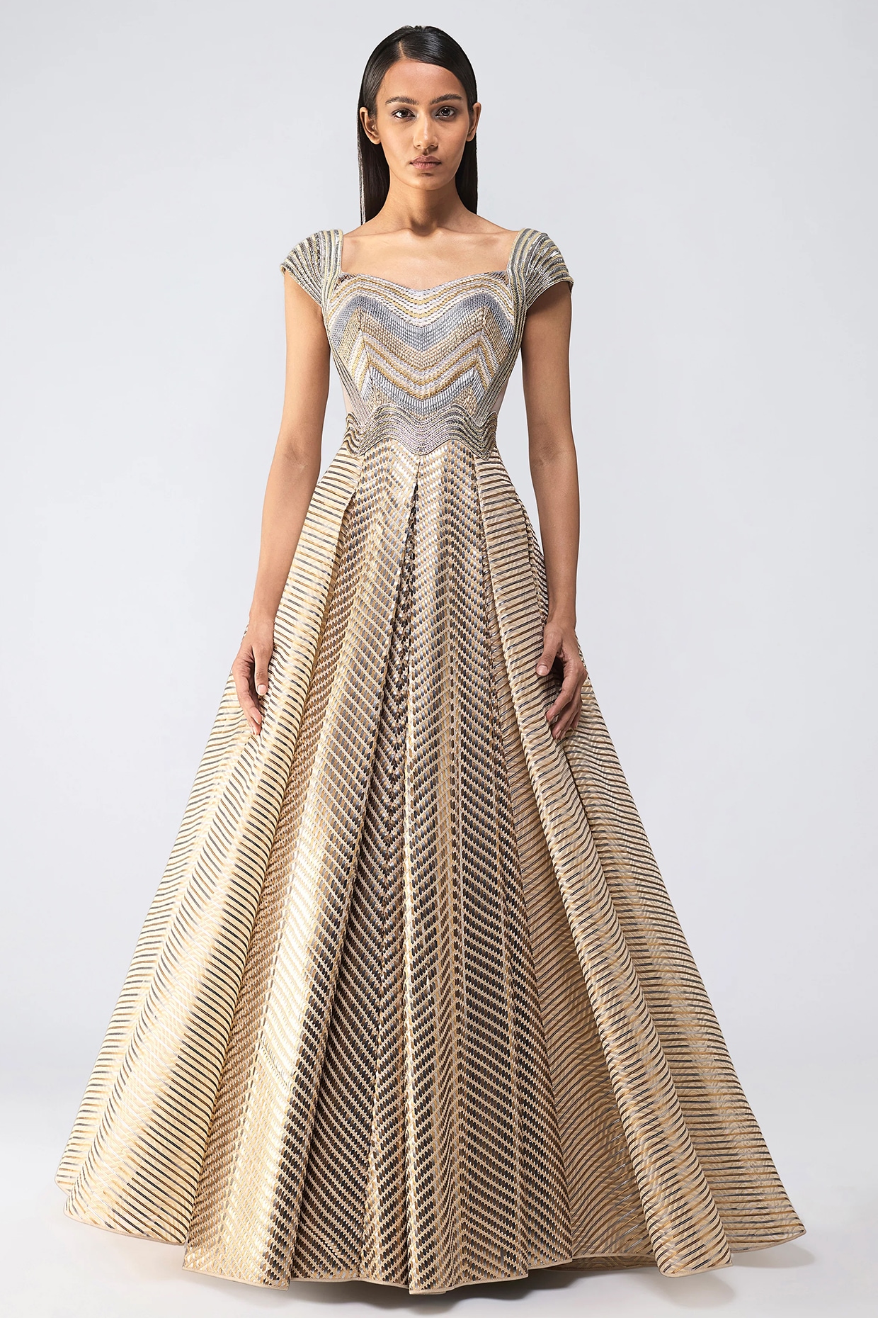Amit Aggarwal Sand-Colored Butterfly Net & Organza Flared Gown