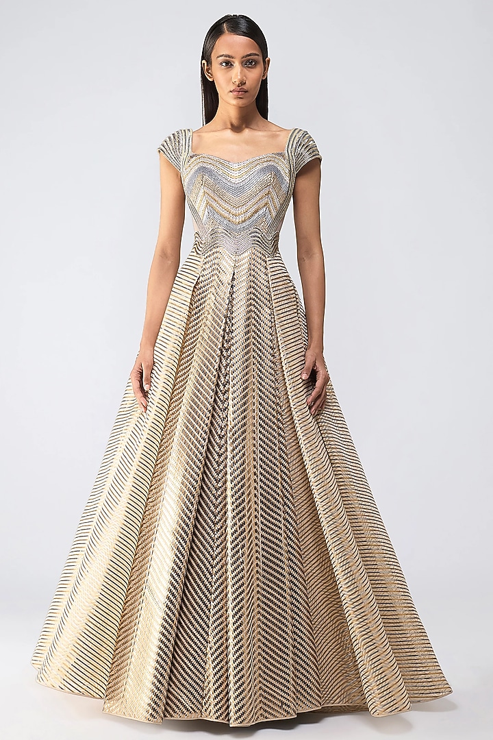 Sand-Colored Butterfly Net & Organza Flared Bridal Gown by Amit Aggarwal at Pernia's Pop Up Shop