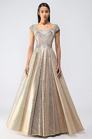 Sand-Colored Butterfly Net & Organza Flared Gown by Amit Aggarwal