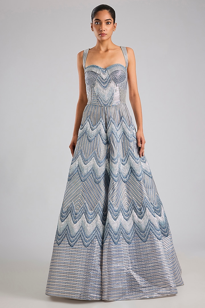 Ice-Grey Butterfly Net Off-Shoulder Bridal Gown by Amit Aggarwal at Pernia's Pop Up Shop