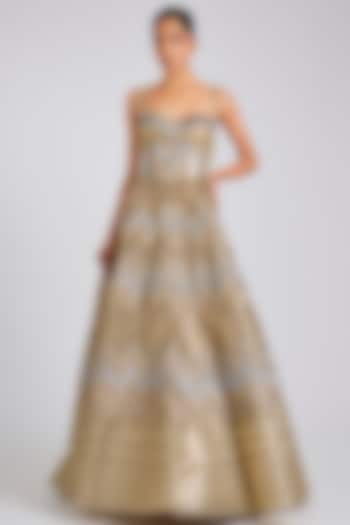 Sand-Grey Butterfly Net & Organza Metallic Bridal Gown by Amit Aggarwal at Pernia's Pop Up Shop