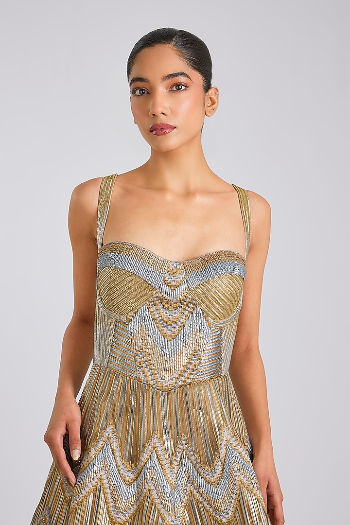 Sand-Grey Butterfly Net & Organza Metallic Bridal Gown by Amit Aggarwal at Pernia's Pop Up Shop