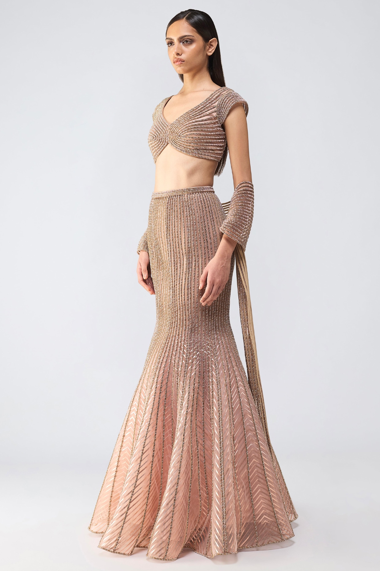 Amit Aggarwal Rose Gold Tulle Crystal Embroidered Fish-Tail Lehenga Set