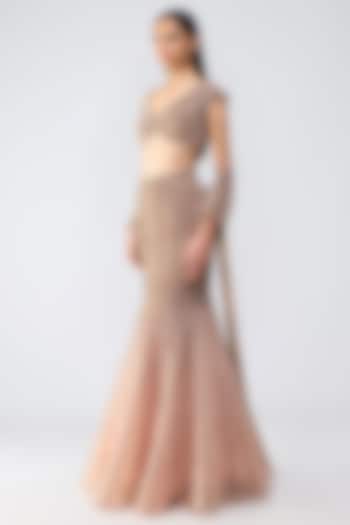Rose Gold Tulle Crystal Embroidered Fish-Tail Bridal Lehenga Set by Amit Aggarwal at Pernia's Pop Up Shop