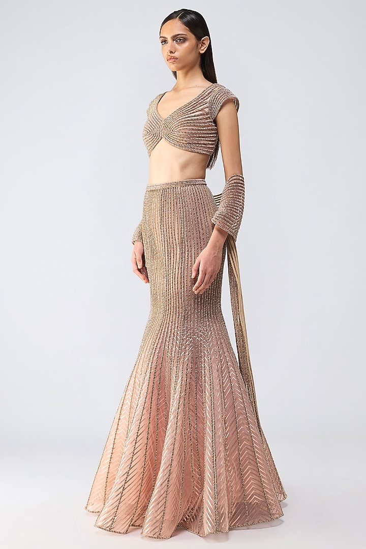 Rose Gold Tulle Crystal Embroidered Fish-Tail Bridal Lehenga Set by Amit Aggarwal at Pernia's Pop Up Shop