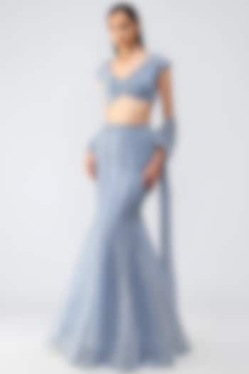 Ice Blue Tulle & Butterfly Net Skirt Set by Amit Aggarwal at Pernia's Pop Up Shop