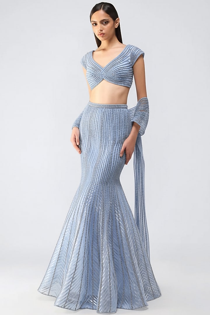 Ice Blue Tulle & Butterfly Net Skirt Set by Amit Aggarwal at Pernia's Pop Up Shop