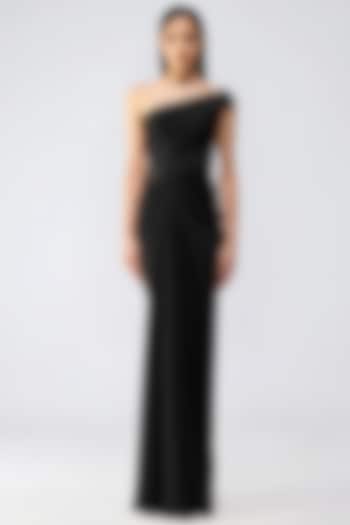 Onyx Black Satin Chiffon Moulded Off-Shoulder Wedding Gown by Amit Aggarwal at Pernia's Pop Up Shop