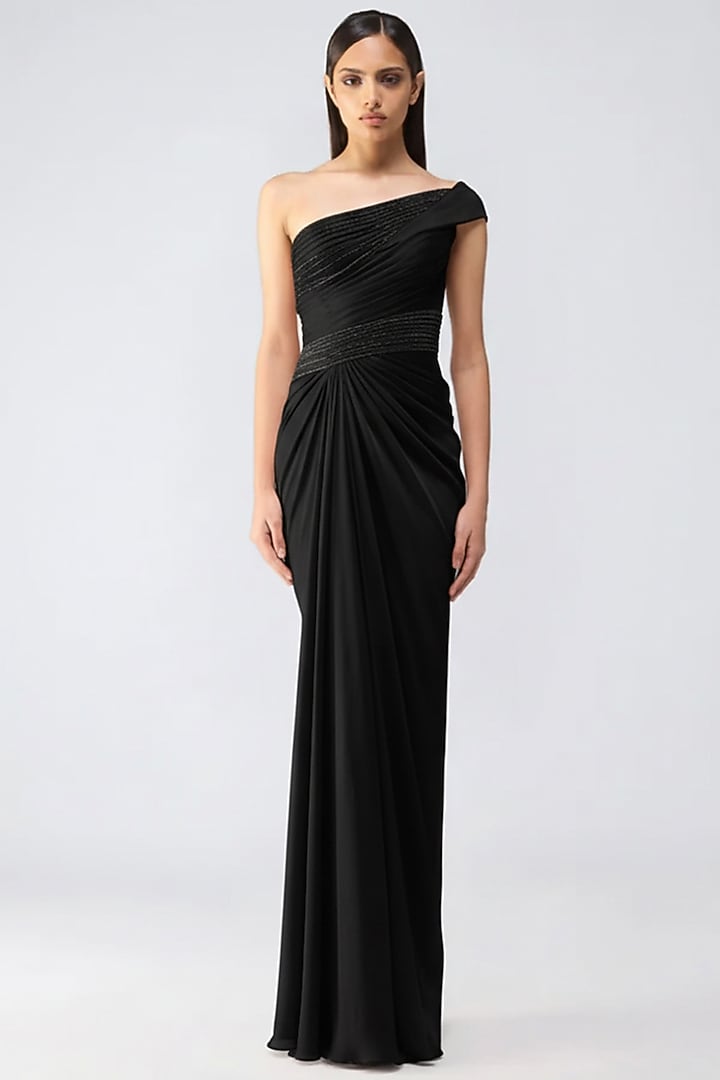 Onyx Black Satin Chiffon Moulded Off-Shoulder Wedding Gown by Amit Aggarwal at Pernia's Pop Up Shop