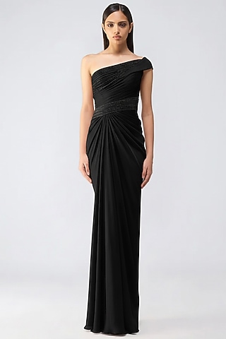 Onyx Black Satin Chiffon Moulded Off-Shoulder Gown by Amit Aggarwal