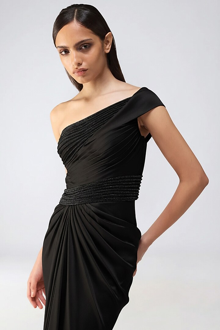 Onyx Black Satin Chiffon Moulded Off-Shoulder Wedding Gown by Amit Aggarwal at Pernia's Pop Up Shop